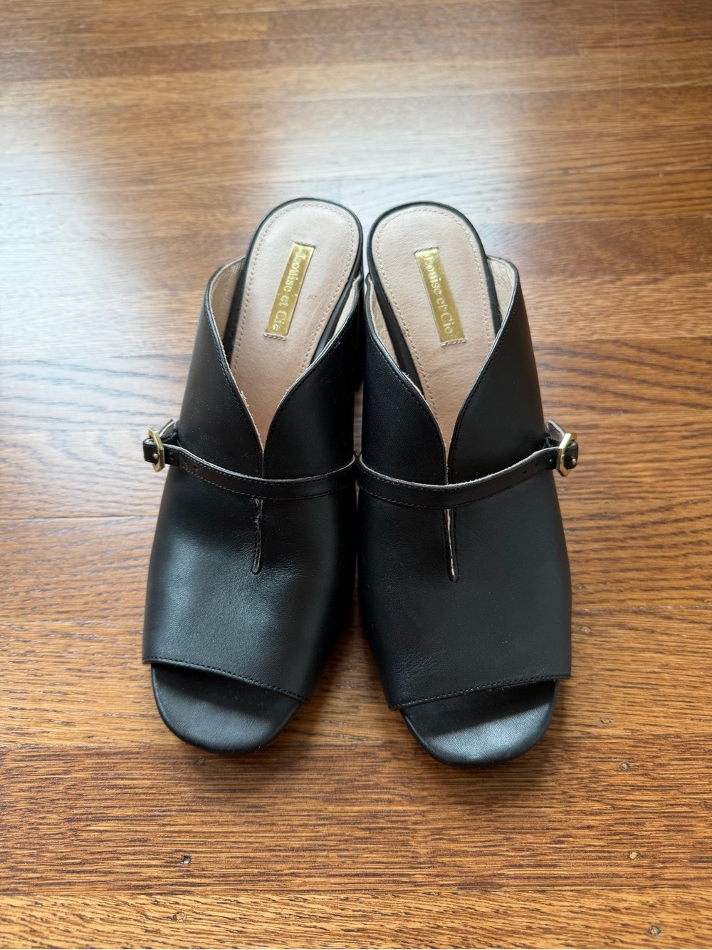 Louise et Cie Black Leather Open-Toe Slide Mules with Buckle